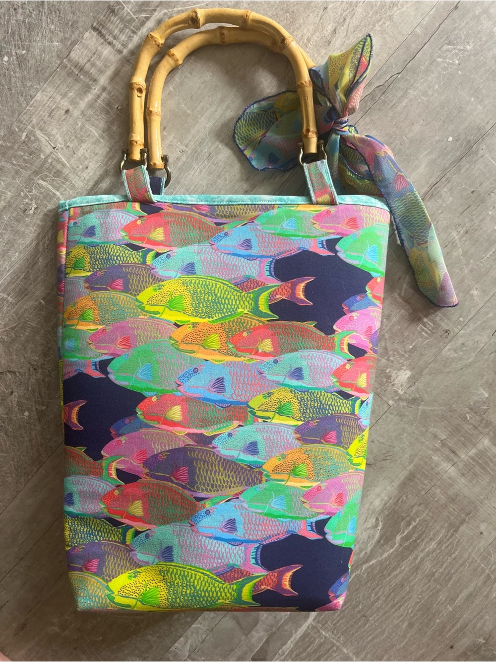 Colorful Fish Print cotton  Tote Bag with Bamboo Handles 13 x11 New